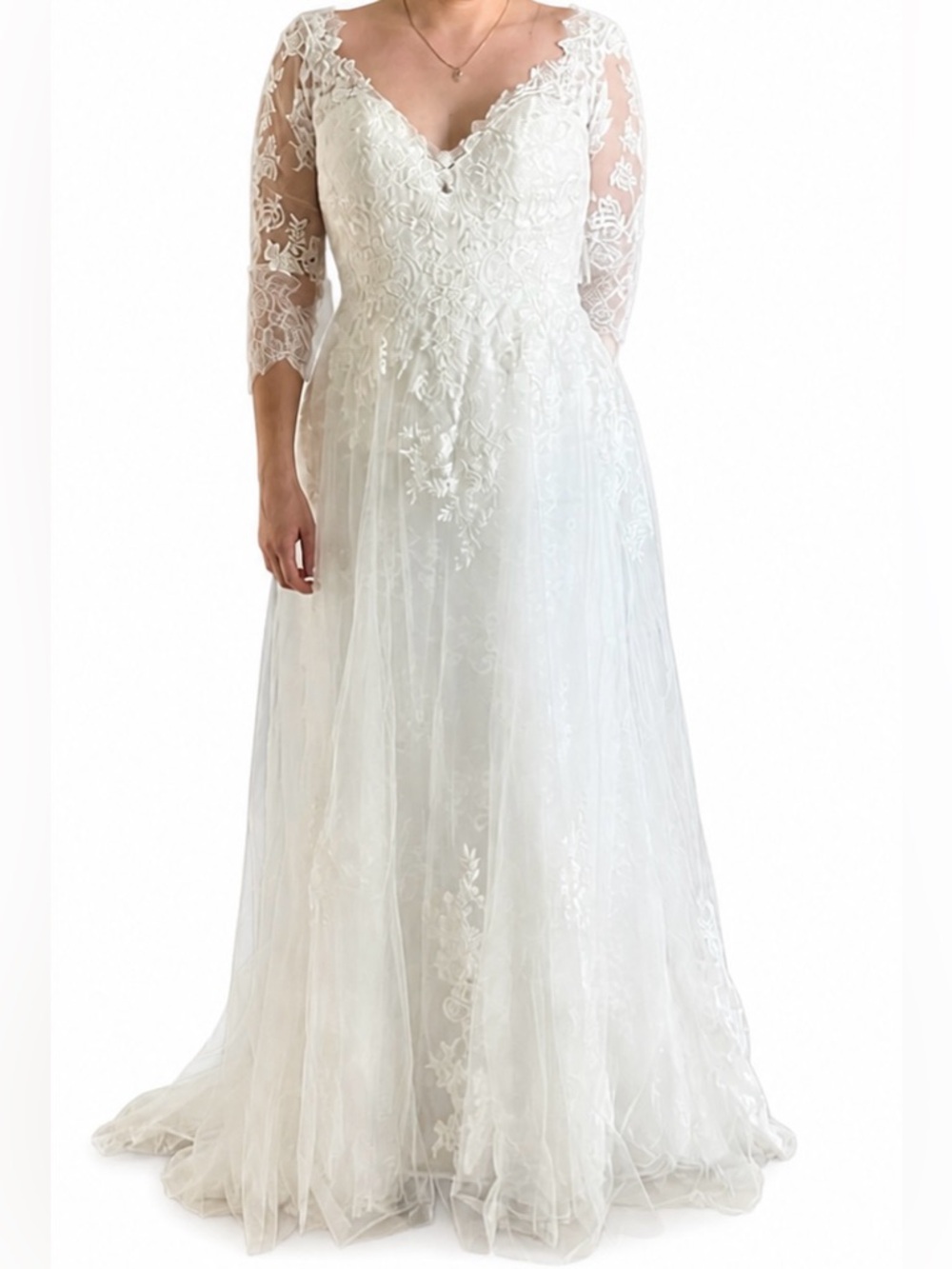Allure Bridals Ivory Lace A-Line Wedding Gown with Sheer Three-Quarter Sleeves